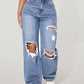 PETITE Women's Loose Fit Casual Straight Leg Jeans With Pockets And Distressed Holes