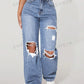 PETITE Women's Loose Fit Casual Straight Leg Jeans With Pockets And Distressed Holes