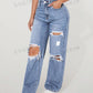 PETITE Women's Loose Fit Casual Straight Leg Jeans With Pockets And Distressed Holes