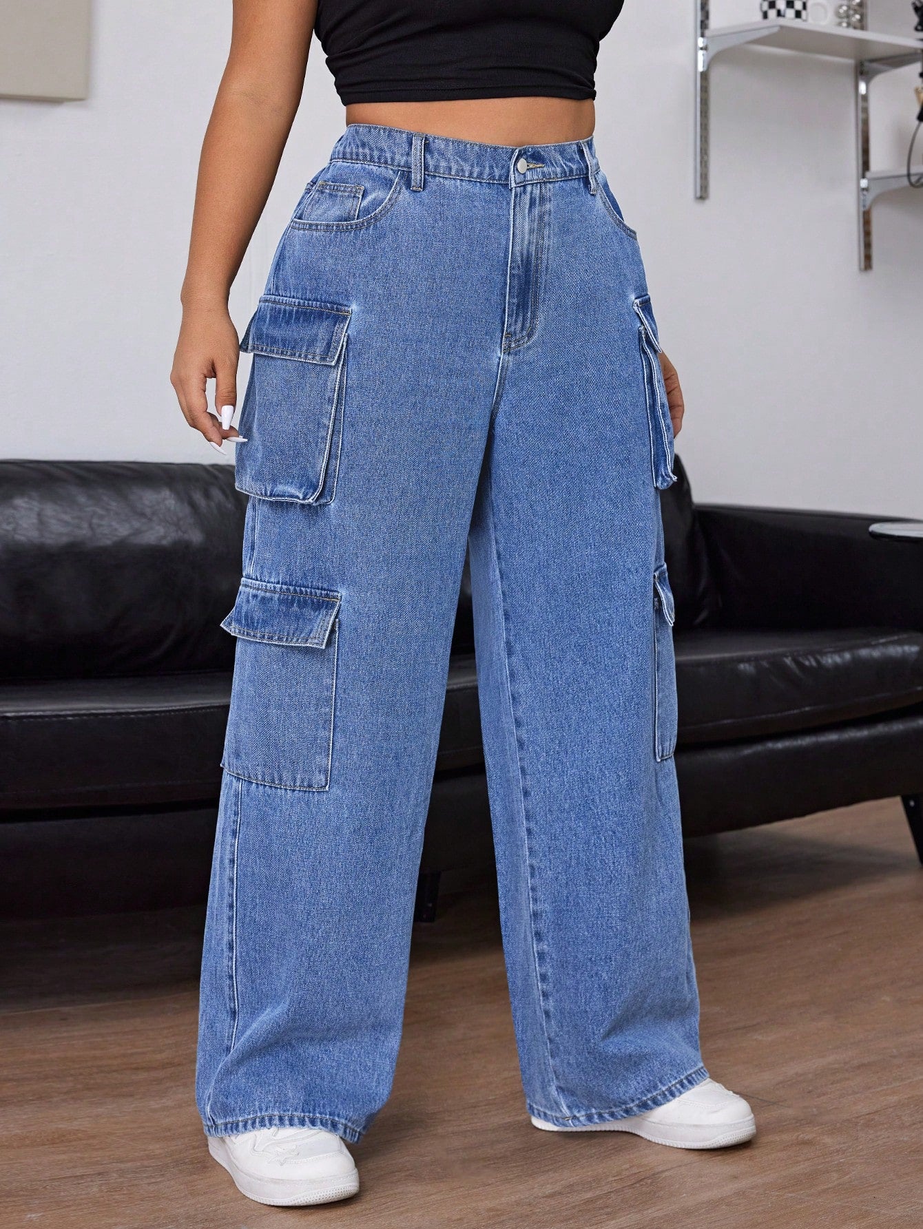 EZwear Plus Size Casual Washed Loose Wide Leg Cargo Jeans