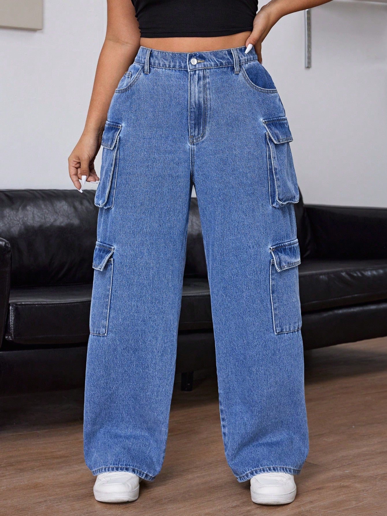 EZwear Plus Size Casual Washed Loose Wide Leg Cargo Jeans