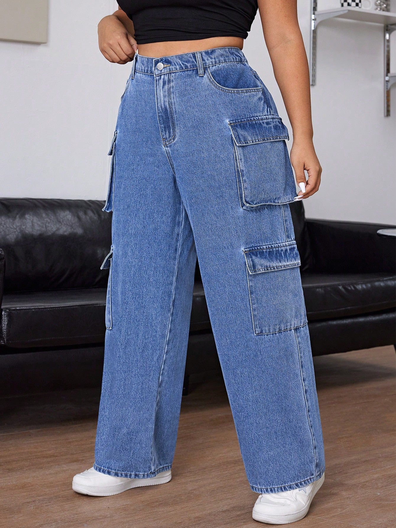 EZwear Plus Size Casual Washed Loose Wide Leg Cargo Jeans