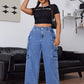 EZwear Plus Size Casual Washed Loose Wide Leg Cargo Jeans