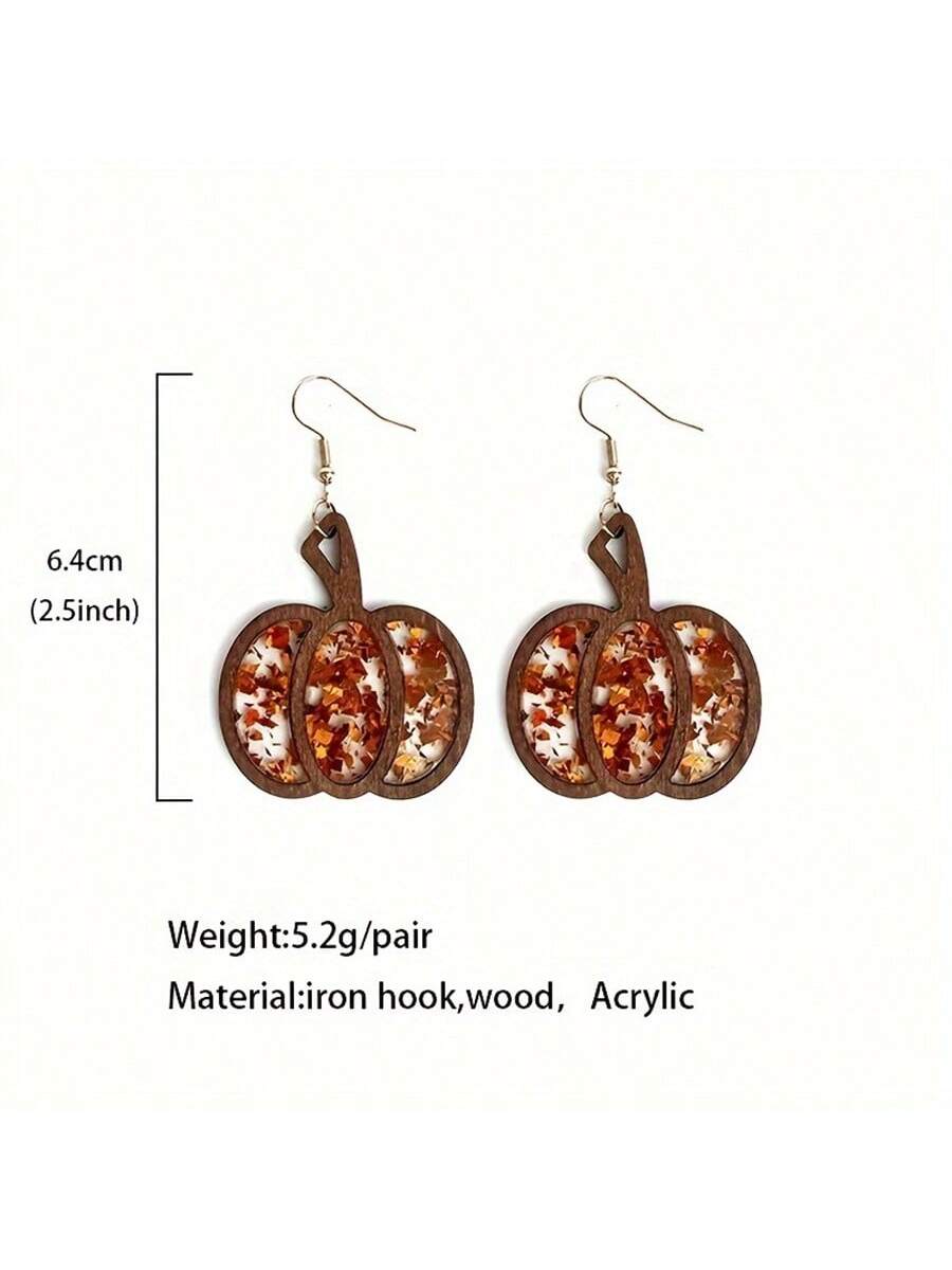 1pair Wooden Pumpkin Drop Earrings With Acrylic Glitter, Vintage