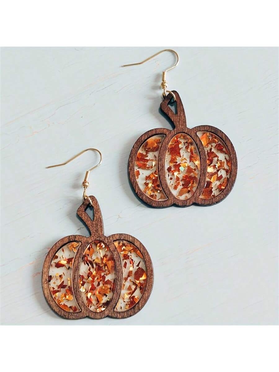 1pair Wooden Pumpkin Drop Earrings With Acrylic Glitter, Vintage