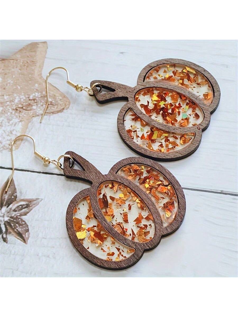 1pair Wooden Pumpkin Drop Earrings With Acrylic Glitter, Vintage