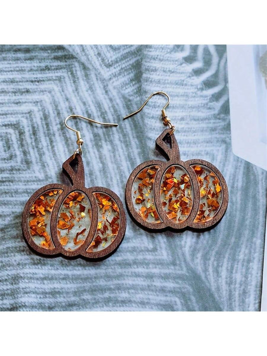 1pair Wooden Pumpkin Drop Earrings With Acrylic Glitter, Vintage