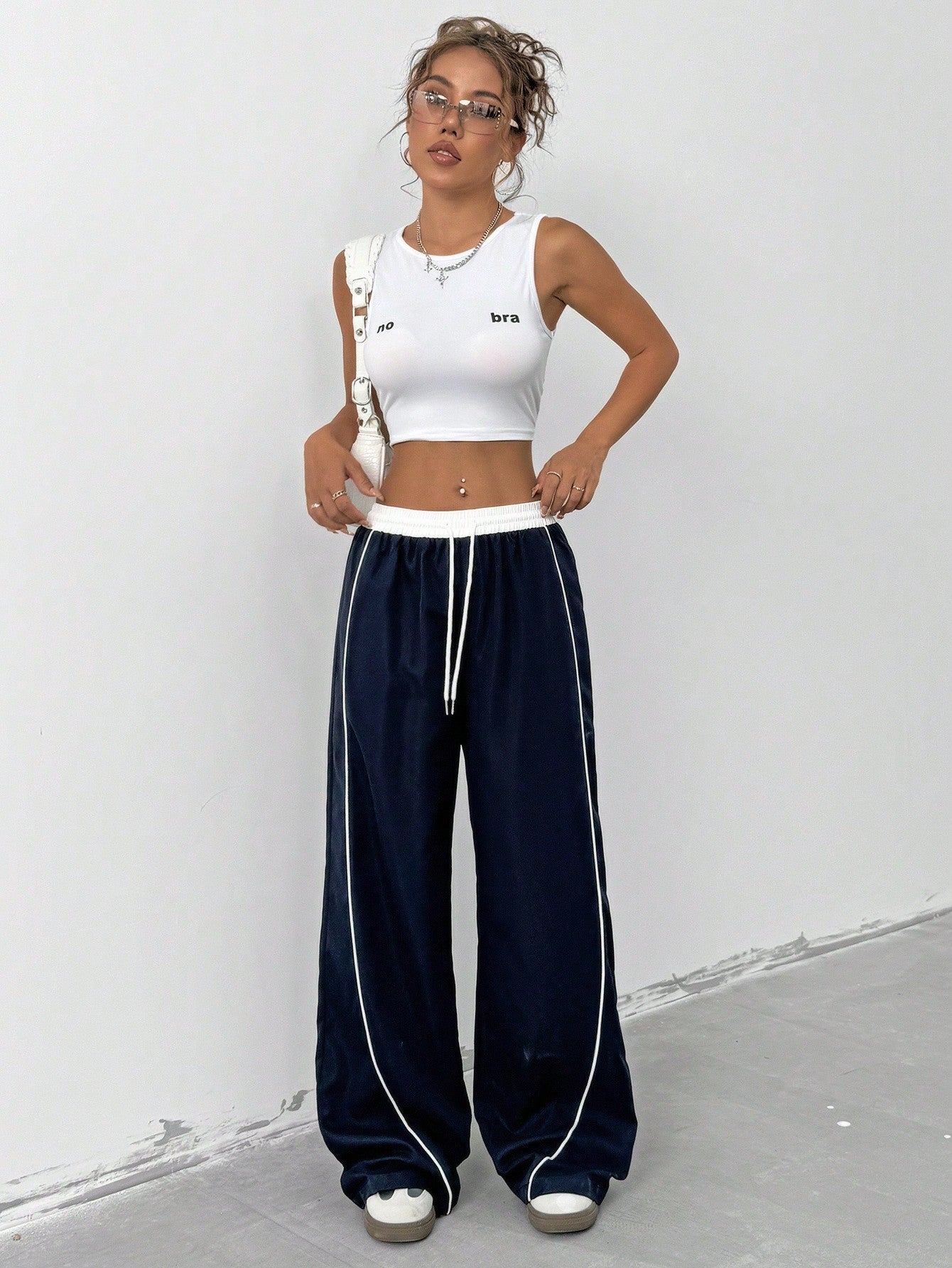 Women's Color Block Drawstring Waist Wide-Leg Loose Casual Pants