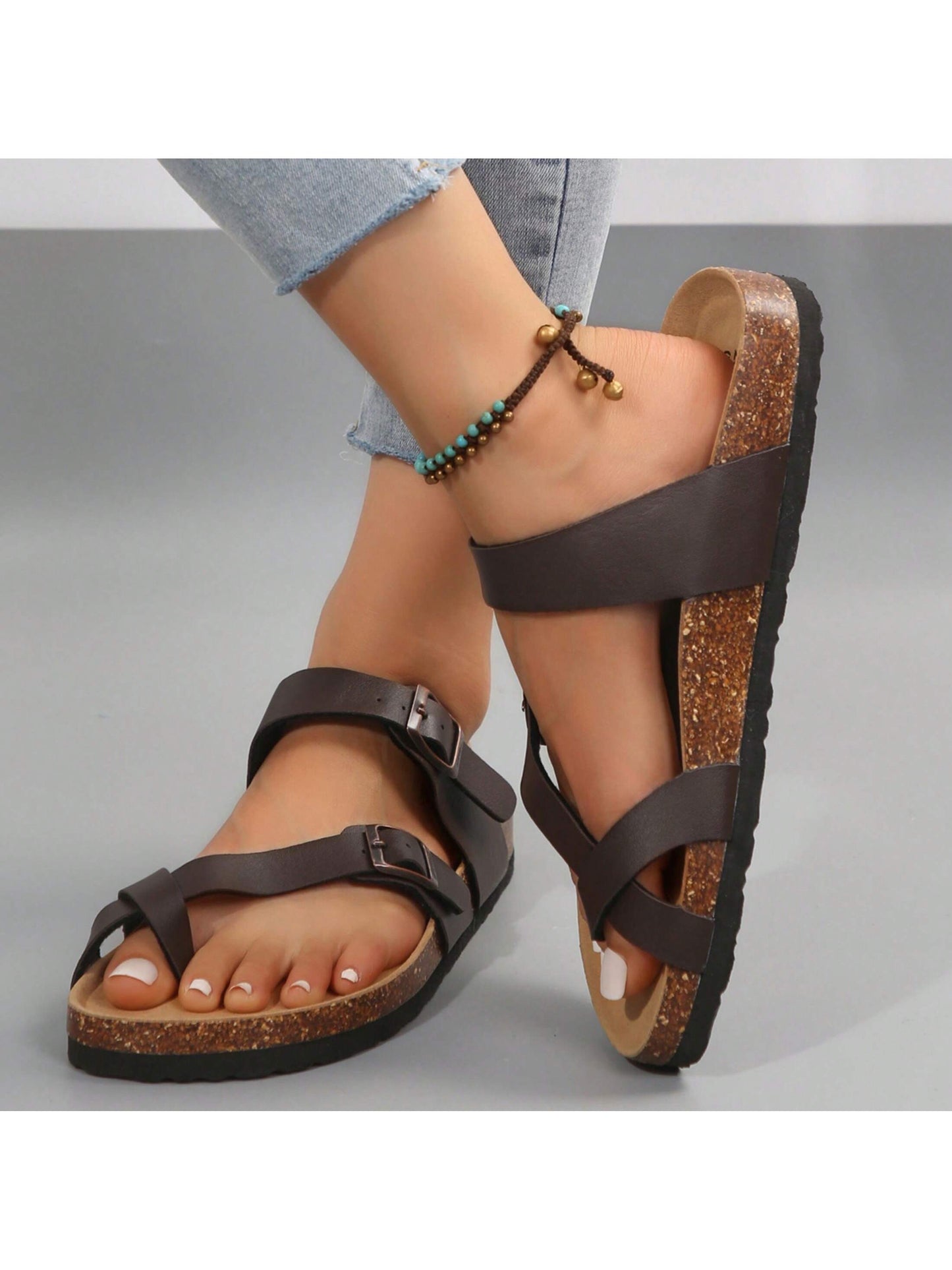 Women's Flat Cork Sandals, Summer Sandals Toe Loop Cross Strap, Retro Style