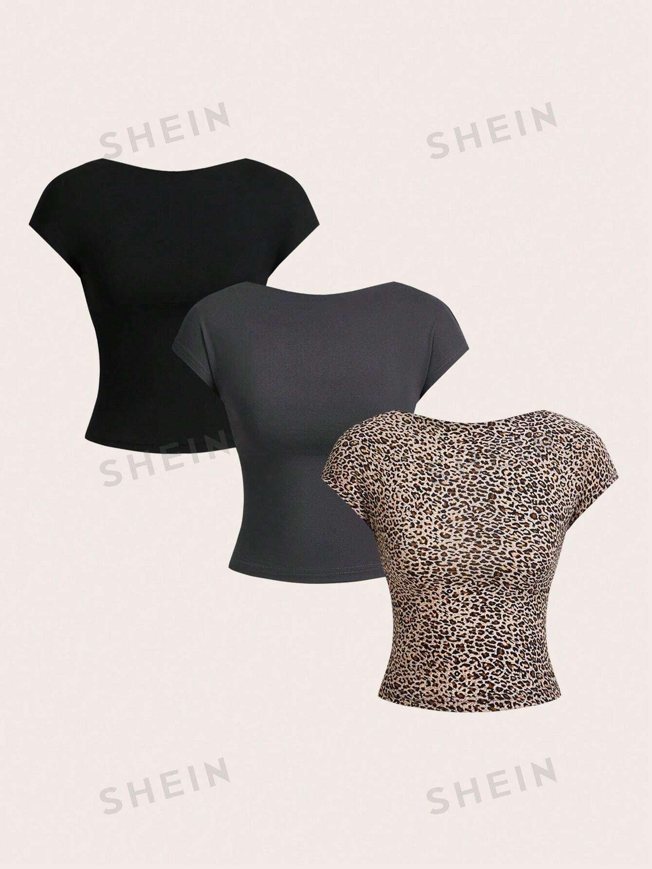 EZwear 3pcs Casual Minimalist Leopard Print Boat Neck Short Sleeve Cropped Fitted Backless T-Shirts, Summer