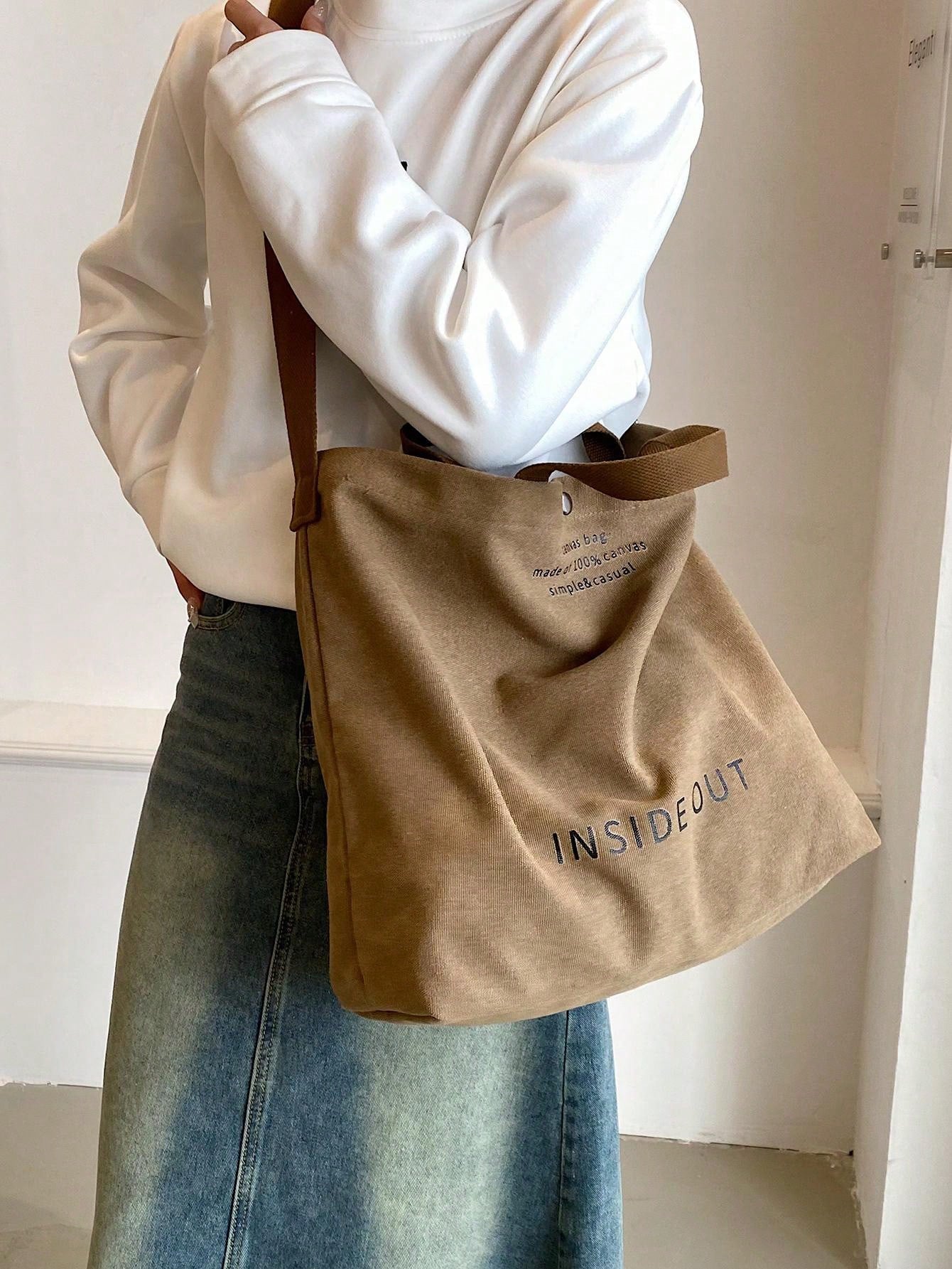 Retro Canvas Tote Bag, Trendy Letter Print Crossbody Bag, Casual Handbag For School Work Travel