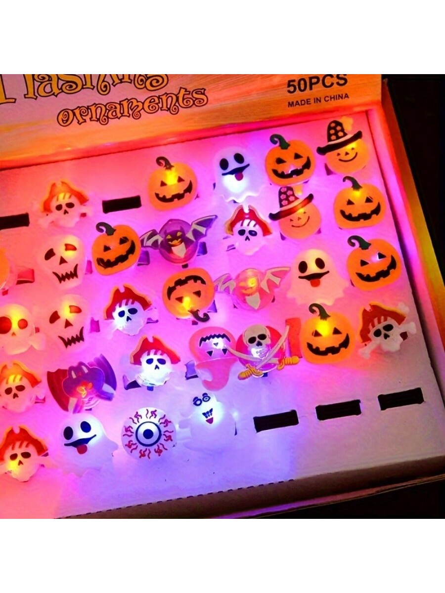 1PC/10pcs/24pcs/50pcs Halloween Luminous Ring, Luminous LED Ring, Small Gift, Fingertip Light, Halloween Party Decoration Resin Halloween Series Pumpkin Skull Ghost Fall Autumn