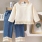 2pcs/Set Young Girl Solid Color Fringe Long Sleeve Top And Fringe Denim Pants Outfit