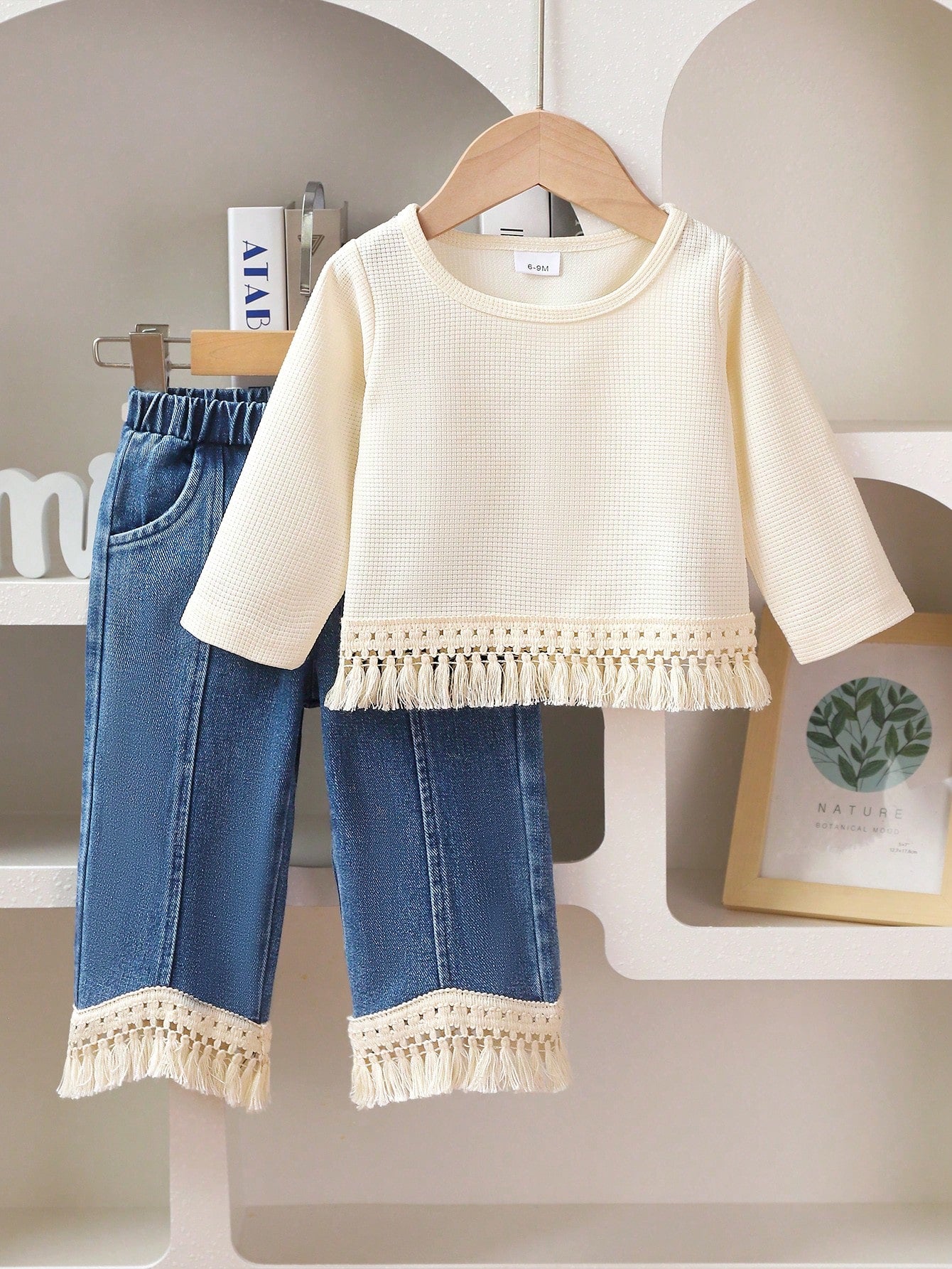 2pcs/Set Young Girl Solid Color Fringe Long Sleeve Top And Fringe Denim Pants Outfit