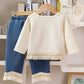 2pcs/Set Young Girl Solid Color Fringe Long Sleeve Top And Fringe Denim Pants Outfit