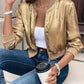 LUNE Autumn New Metallic Gold Zipper Ribbed Cuffs Baseball Jacket, Slim Fit, Elegant, Versatile, Short Cardigan Top For New Year Holiday Party Clothes