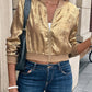 LUNE Autumn New Metallic Gold Zipper Ribbed Cuffs Baseball Jacket, Slim Fit, Elegant, Versatile, Short Cardigan Top For New Year Holiday Party Clothes