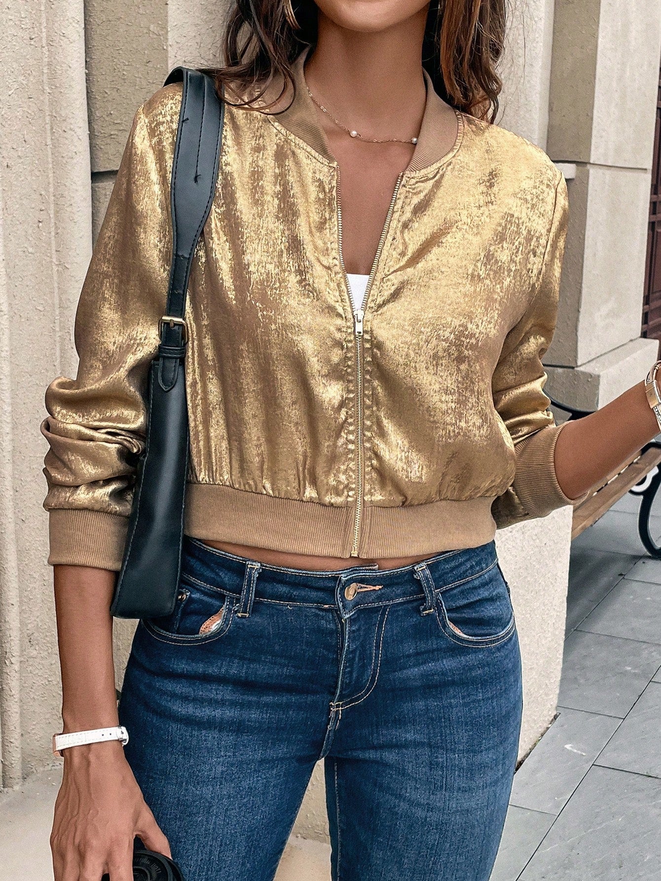 LUNE Autumn New Metallic Gold Zipper Ribbed Cuffs Baseball Jacket, Slim Fit, Elegant, Versatile, Short Cardigan Top For New Year Holiday Party Clothes