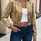 LUNE Autumn New Metallic Gold Zipper Ribbed Cuffs Baseball Jacket, Slim Fit, Elegant, Versatile, Short Cardigan Top For New Year Holiday Party Clothes