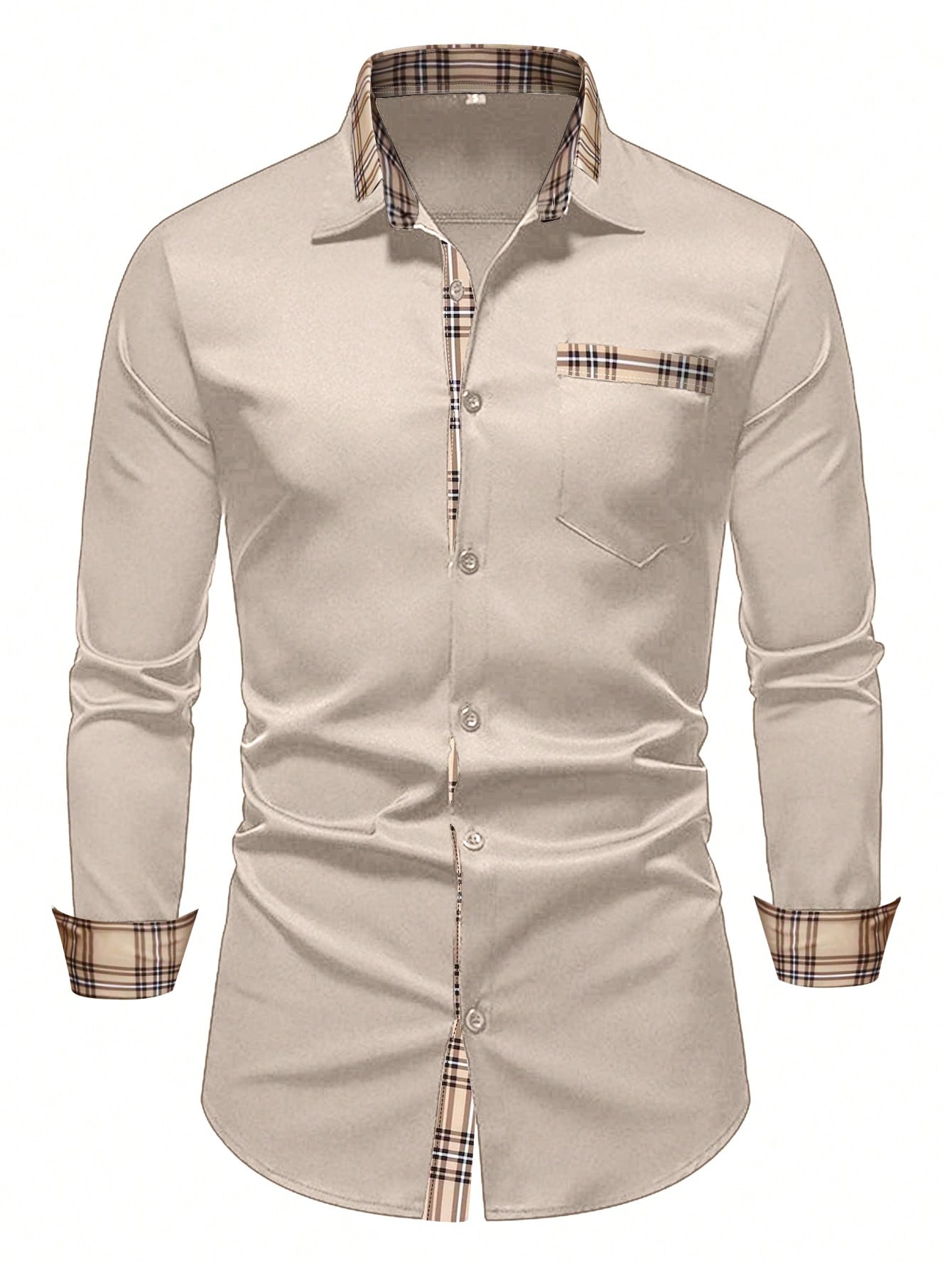 Men's Casual Business Plaid Splice Long Sleeve Shirt