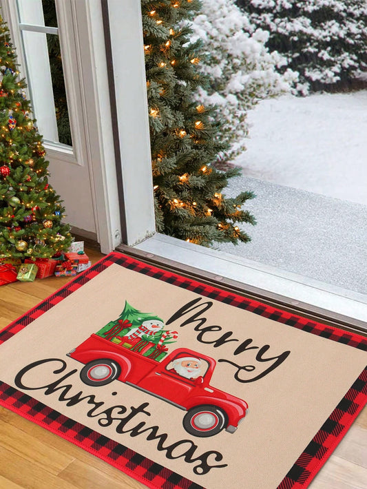 1pc 40*60cm Christmas Truck Santa Claus Snowman Pattern Doormat, Merry Christmas Decoration For Home, Christmas Ornament, Christmas Indoor Outdoor Floor Mat Ornament, Navidad Natal Noel Xmas Gift Happy New Year 2025