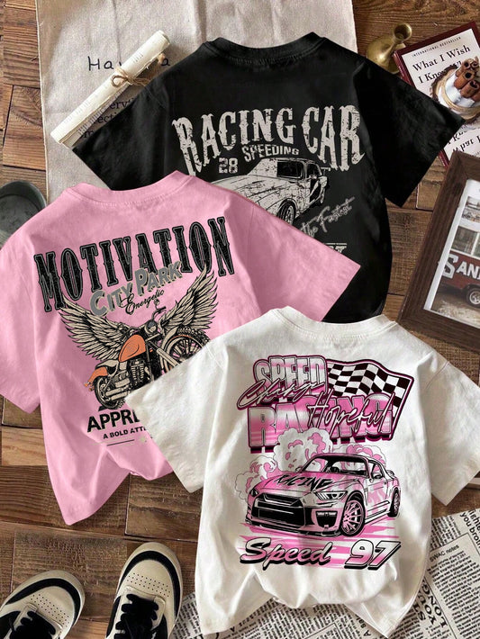 EZwear 3pcs/Set Plus Size Casual "Motivation" Racing Graphic Fitted T-Shirts In Black, White, Pink, Suitable For Summer