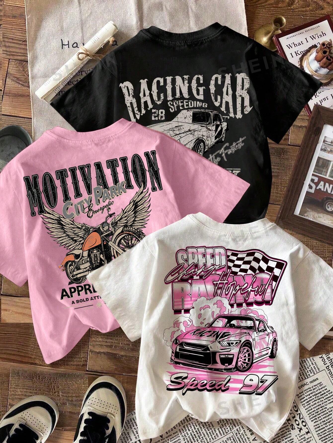 EZwear 3pcs/Set Plus Size Casual "Motivation" Racing Graphic Fitted T-Shirts In Black, White, Pink, Suitable For Summer