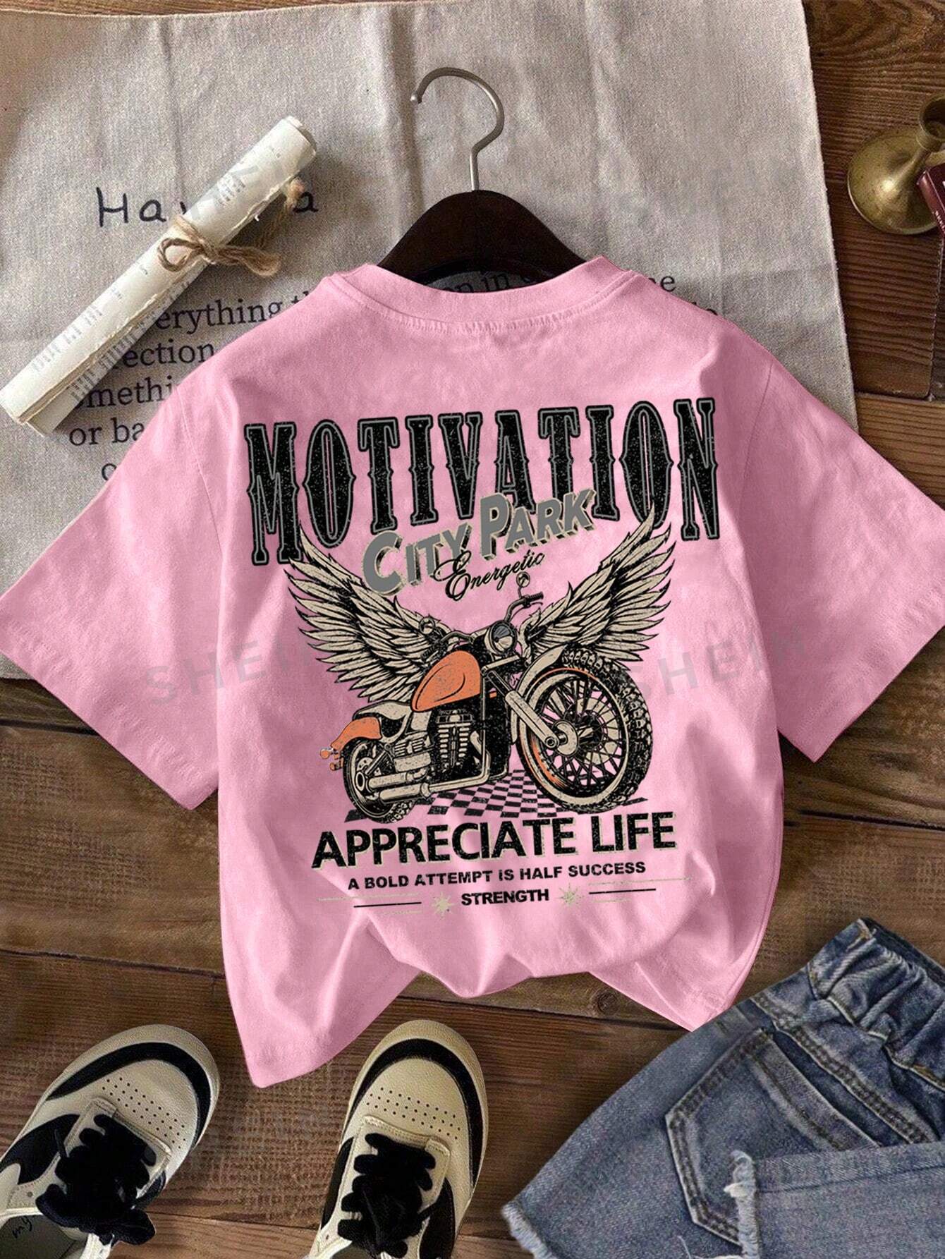 EZwear 3pcs/Set Plus Size Casual "Motivation" Racing Graphic Fitted T-Shirts In Black, White, Pink, Suitable For Summer