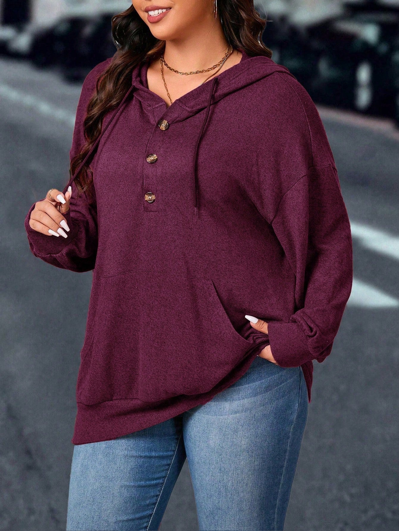 LUNE Plus Size Women's Solid Color Dropped Shoulder Long Sleeve Casual Hoodie, Spring Summer