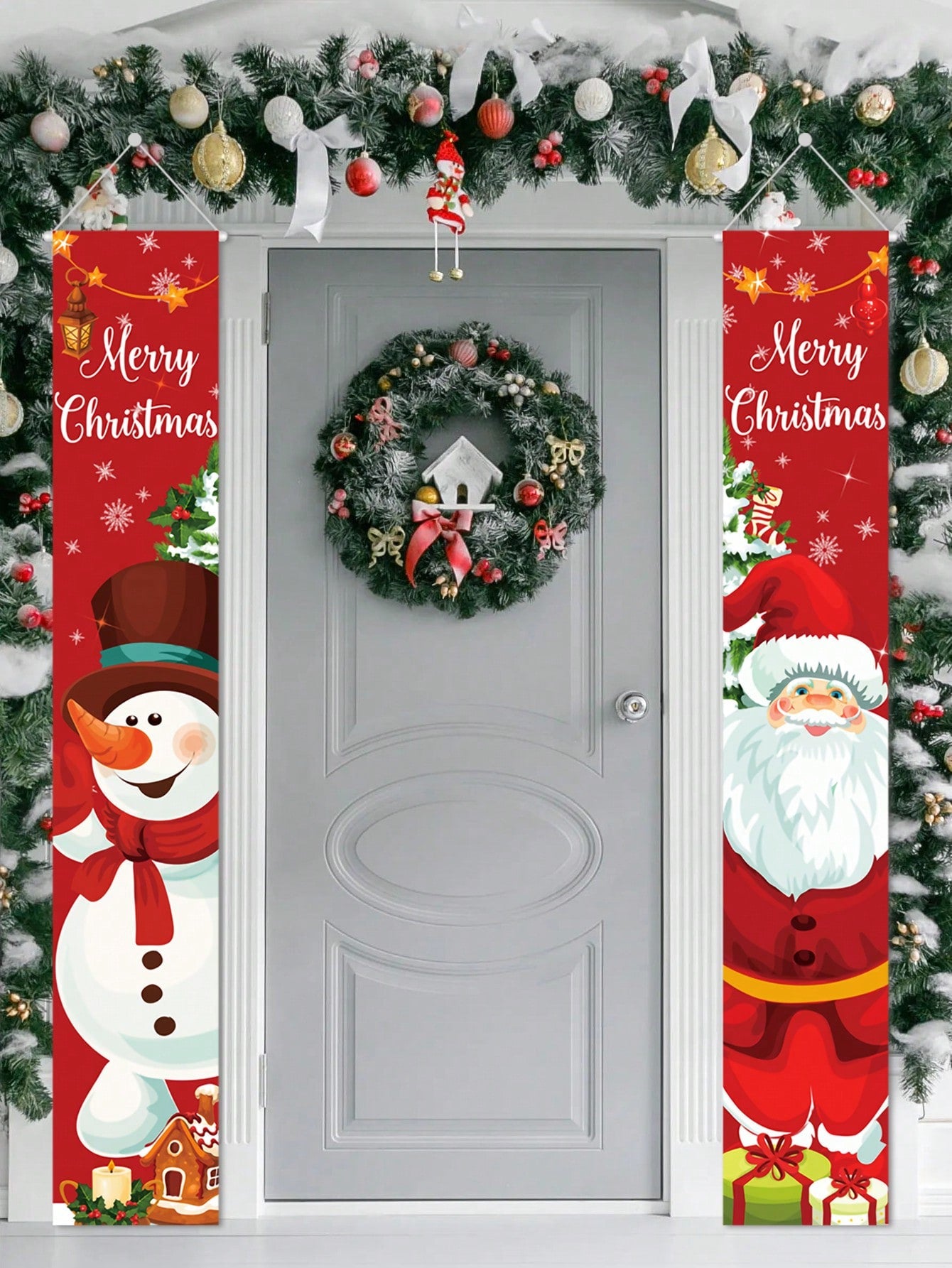 2pcs/Set New Santa And Christmas Snowman Designs Door Curtains, Banner Couplets Perfect For Decorating Family Christmas Party,Christmas