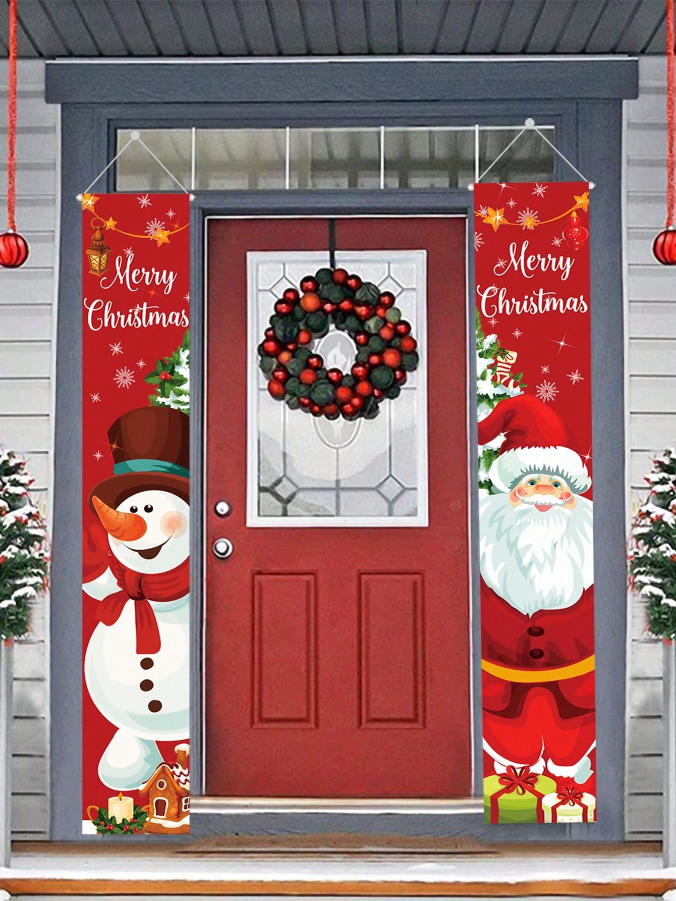 2pcs/Set New Santa And Christmas Snowman Designs Door Curtains, Banner Couplets Perfect For Decorating Family Christmas Party,Christmas