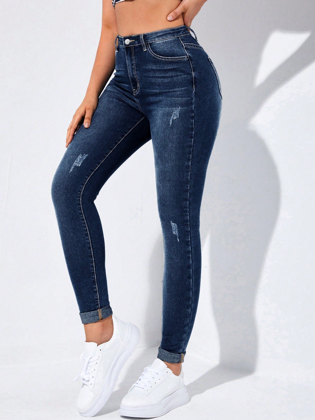 EZwear High-Waisted Button-Embellished Skinny Stretch Distressed Y2K Jeans