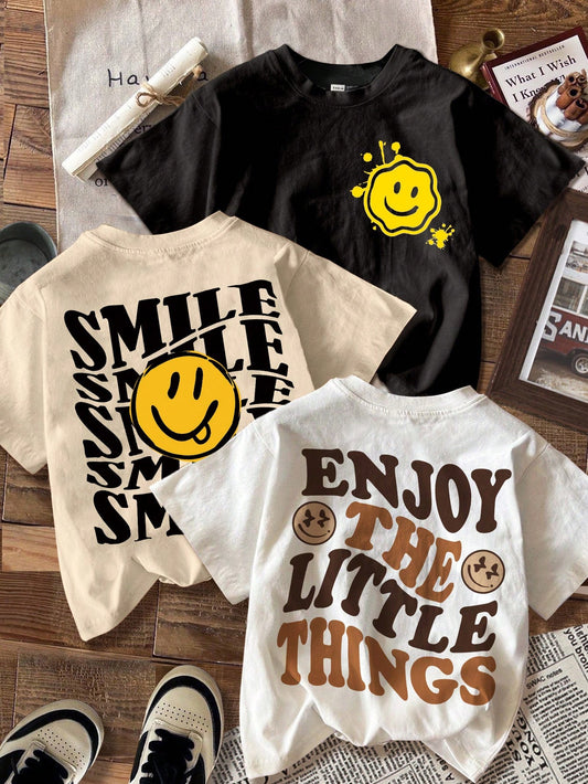 EZwear 3pcs/Set Casual Simple Smile Face Print Fitted Short Sleeve Women's T-Shirts, Summer