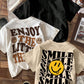 EZwear 3pcs/Set Casual Simple Smile Face Print Fitted Short Sleeve Women's T-Shirts, Summer