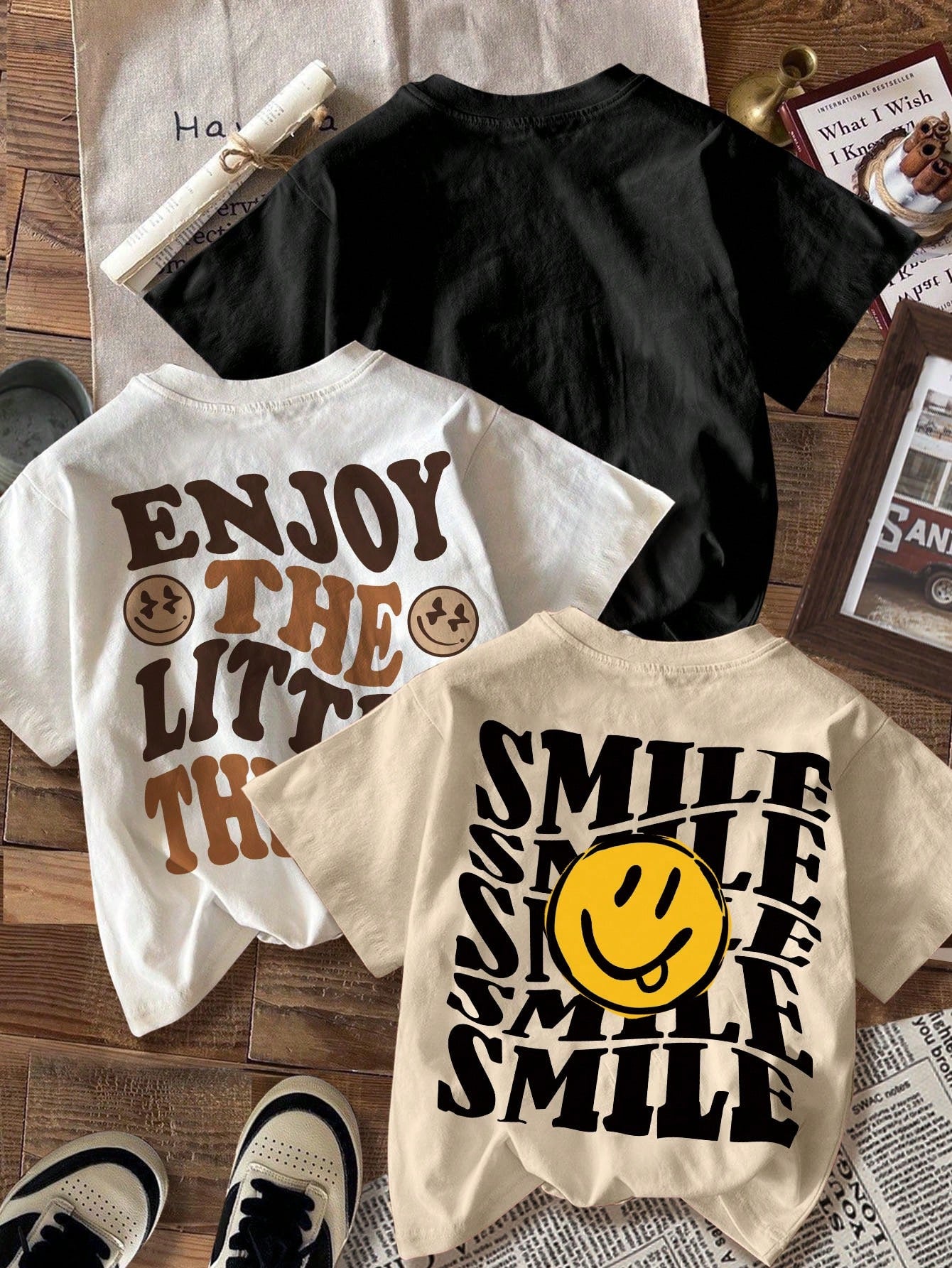 EZwear 3pcs/Set Casual Simple Smile Face Print Fitted Short Sleeve Women's T-Shirts, Summer