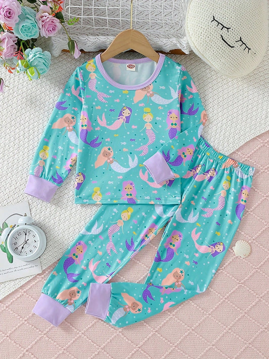 Young Girl 2-Piece Mermaid Print Long Sleeve Top And Long Pants Set, Autumn/Spring