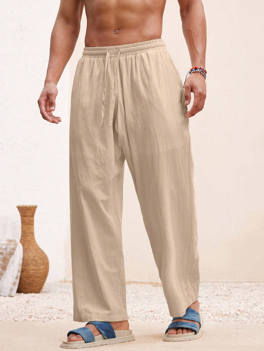 Manfinity VCAY Men Beach Outfits Summer Vacation Basic Woven Casual Surfing Seaside Beach Fit Linen Pants Beachwear