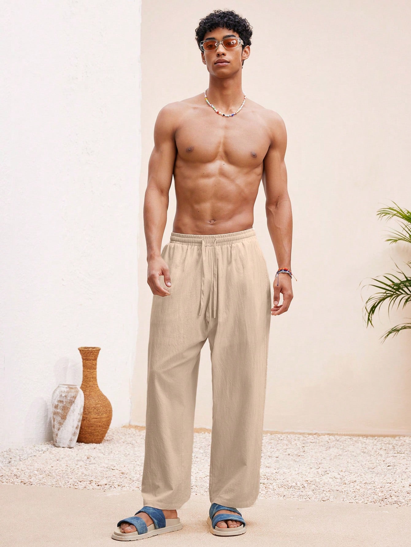 Manfinity VCAY Men Beach Outfits Summer Vacation Basic Woven Casual Surfing Seaside Beach Fit Linen Pants Beachwear