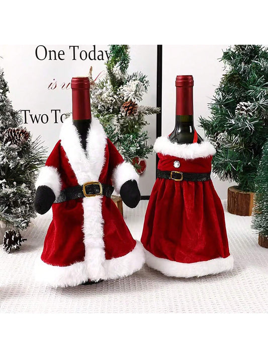 1pc/2pcs Set Creative Christmas Red Wine Bags, Classic Vintage Christmas Dress Bottle Cover, Santa Claus Champagne Bottle Decor, For Outdoor Party, Restaurant Holiday Atmosphere, Home Kitchen Dining Table Decor, Farmhouse Decoration