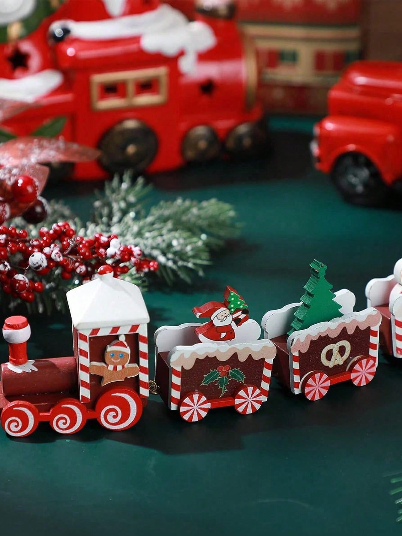 1pc Christmas Train With Painted Design Wooden Christmas Decoration, Mini Christmas Tree, Gingerbread Man, Christmas Train Decor For Holiday Party Tabletop Decoration (Santa Claus, Red)