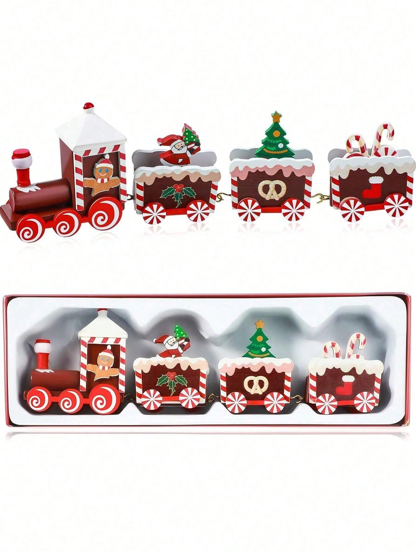 1pc Christmas Train With Painted Design Wooden Christmas Decoration, Mini Christmas Tree, Gingerbread Man, Christmas Train Decor For Holiday Party Tabletop Decoration (Santa Claus, Red)