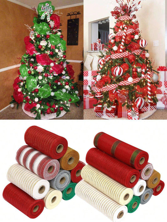 Christmas Metallic Mesh Ribbon, 10inch X 30 Feet(10Yard), Red, Gold, Silver, Green, Beige Foil, Mesh Ribbon For Wreaths Swags And Christmas Tree Decoration, Home Christmas Decoration 2024 Christmas Gift 2025 New Year