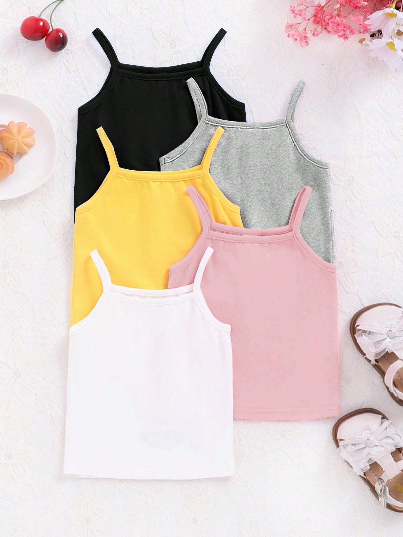 5pcs/Set Young Girl Solid Color Knitted Slim Fit Casual Cami Tank Top