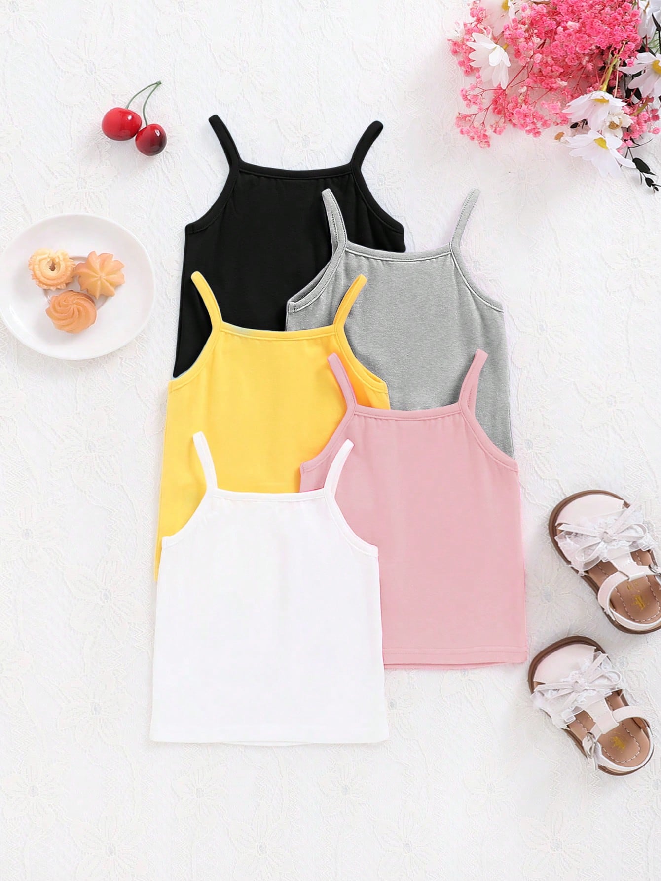 5pcs/Set Young Girl Solid Color Knitted Slim Fit Casual Cami Tank Top