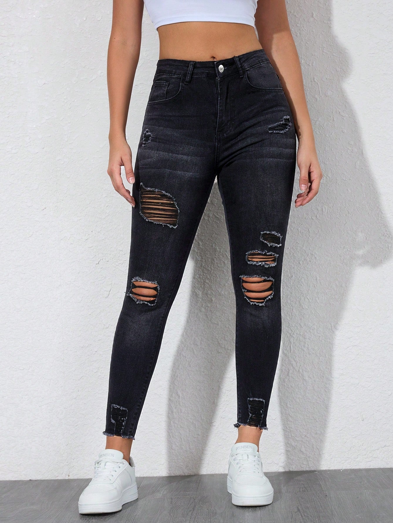 Essnce High Waist Ripped Moustache Effect Skinny Jeans