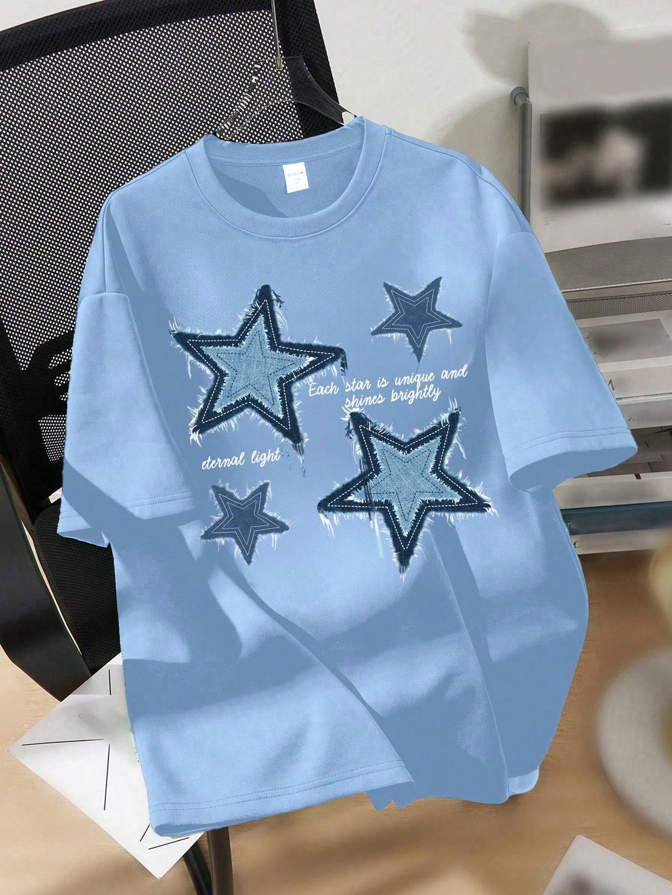 Comfortcana Oversized Women's Five-Pointed Star Print Round Neck Short Sleeve T-Shirt, Loose Fit Casual Pullover Top, Summer, Cotton Blend