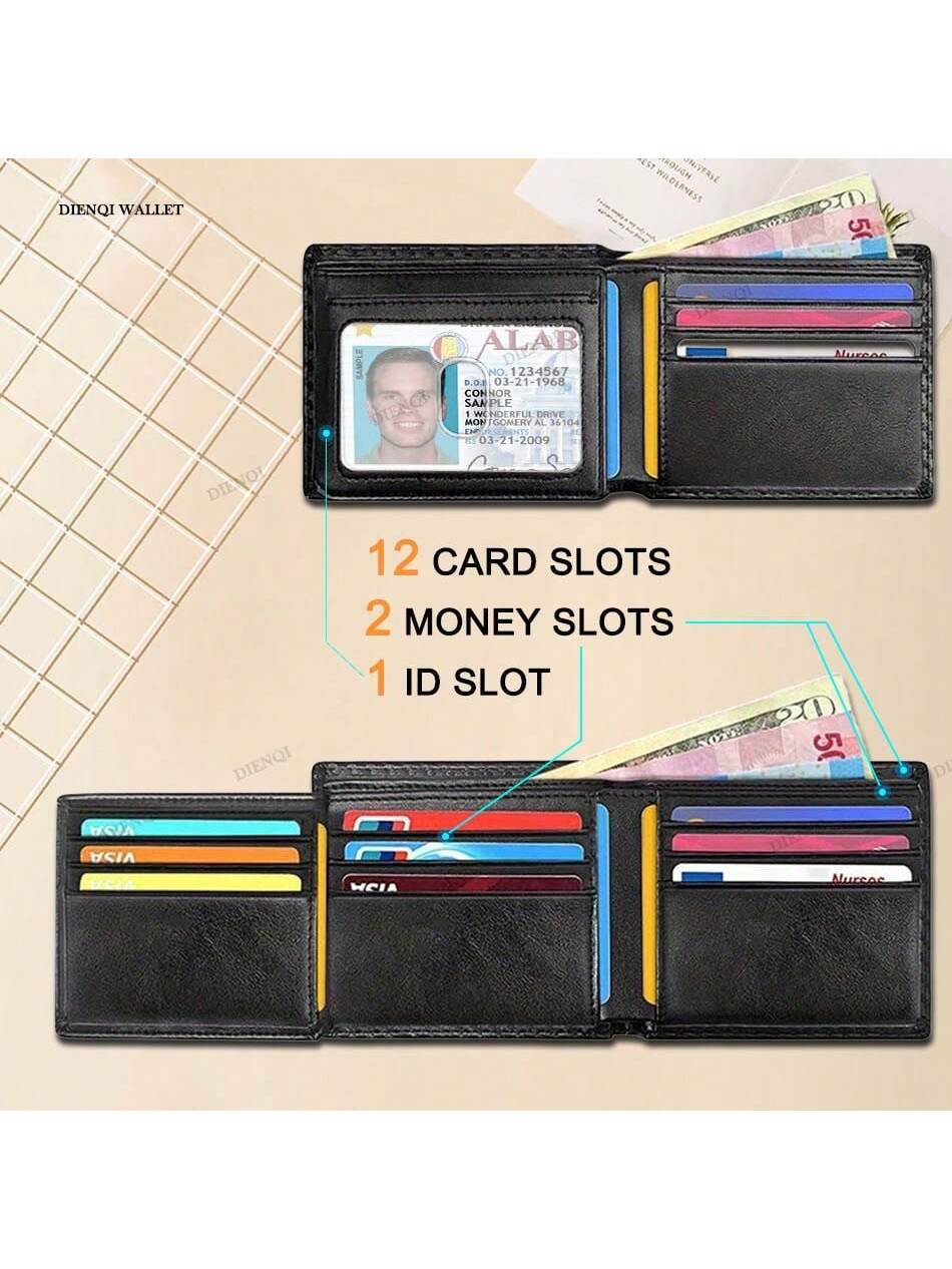 Minimalist Men's RFID Blocking Multi-Functional Thin 12-Card Wallet Bi-Fold Portable Card Holder Slim Money Clip Money Bag Male Purse, Business,Casual,Father's Day Gift