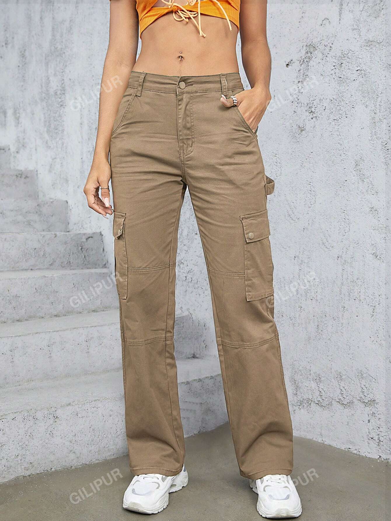 Casual Solid Flap Pocket Straight Leg Cargo Pants