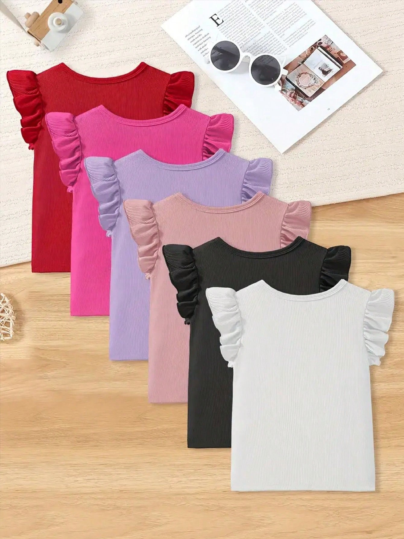 6pcs, Knit Solid Color Frill Sleeve Crew Neck Ribbed T-Shirt, Casual Trendy Versatile Tee Comfy Summer Tops, Girls' Clothing