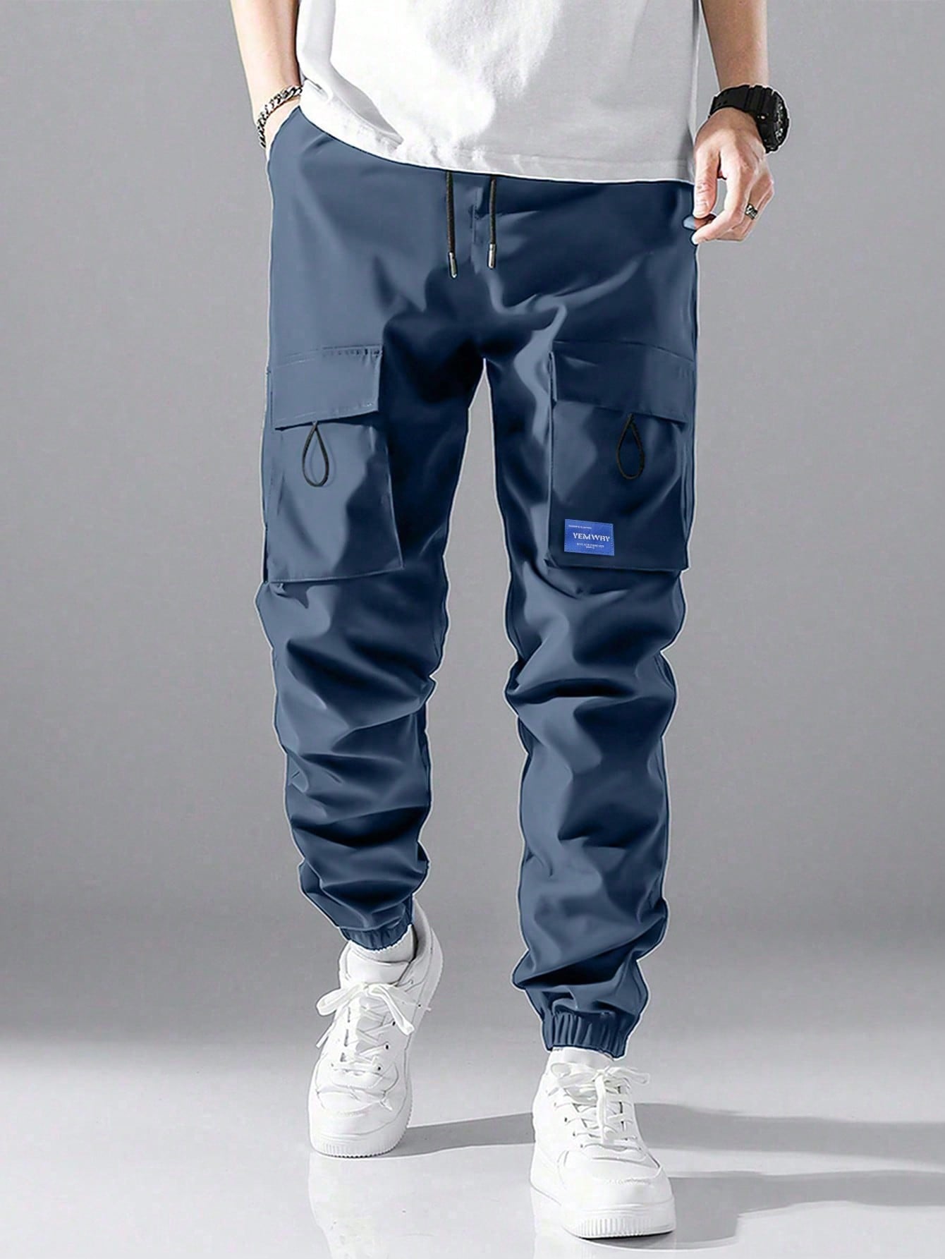 2pcs Men's Casual Cargo Pants With Letter Patch